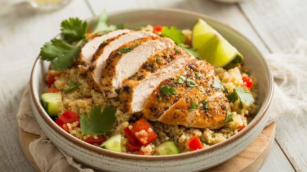 Chicken Quinoa: protein packed, colorful vegetables, modern plate, health focused, nutritious bowl, balanced meal, wholesome food, fitness friendly, vegetable medley, easy cooking, quick mea