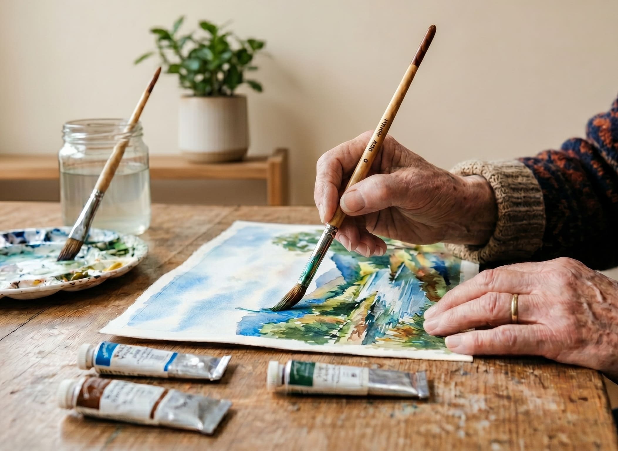 elderly hands painting a picture