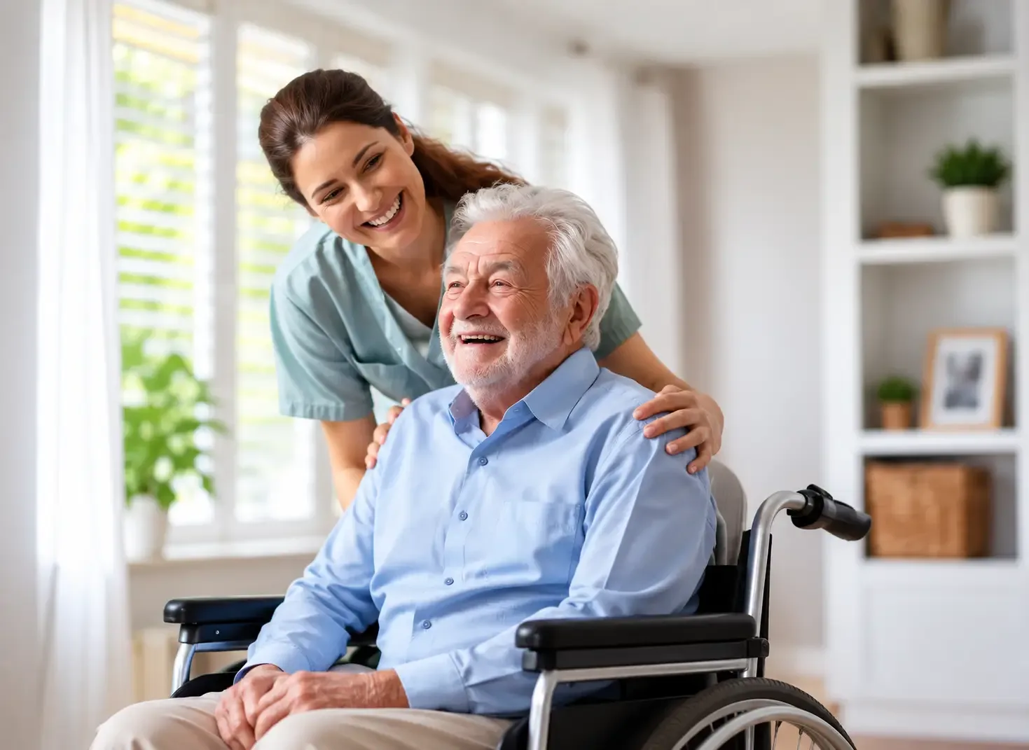 caregiver-supporting-elderly-man-in-wheelchair-self-funded-care-homes-essex-ballagh-care