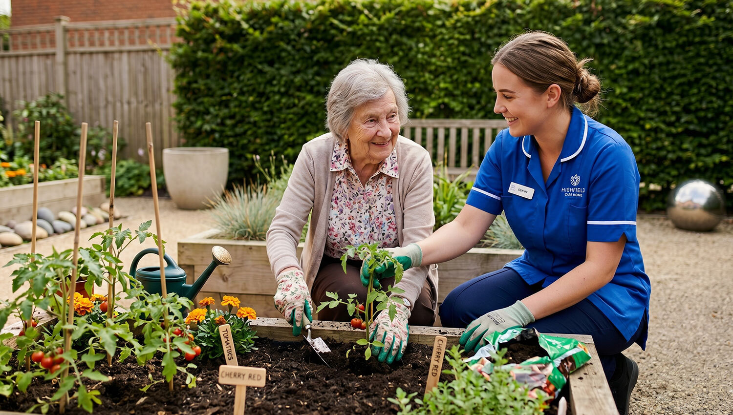 car working bent down with elderly woman, helping her to plant flowers in a raised flower bed