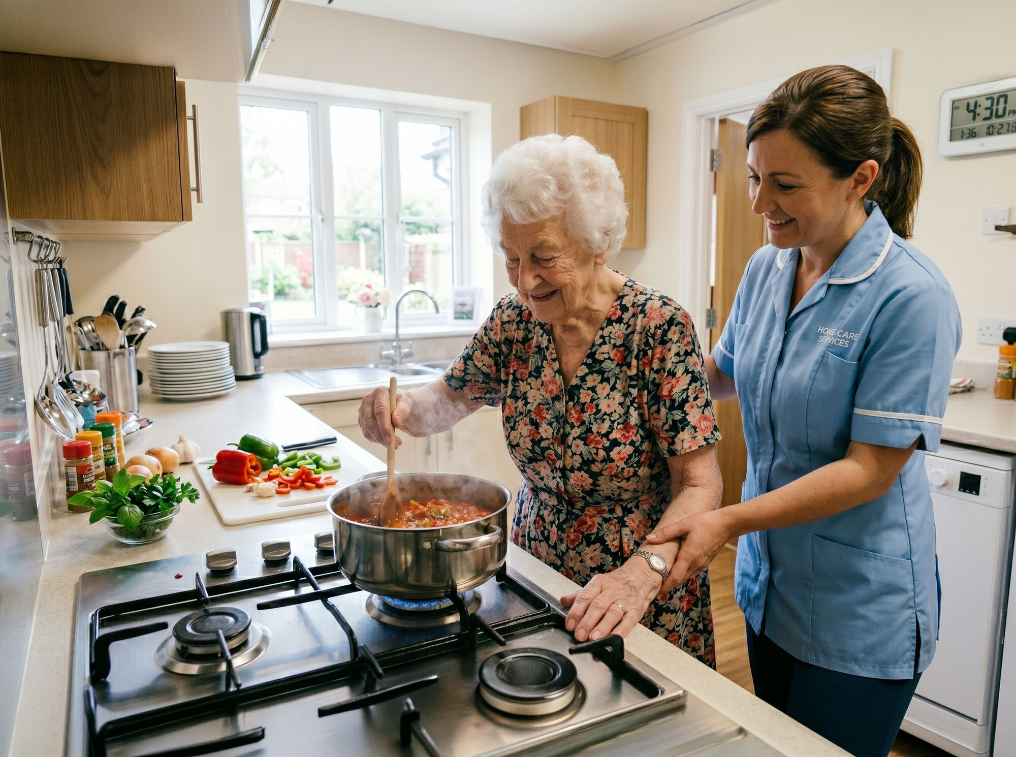 Carer helping an elderly lady cook at a care home in Clacton-on-Sea