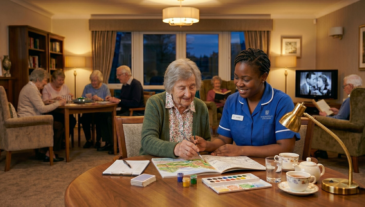 lady signing a document with help from a carer