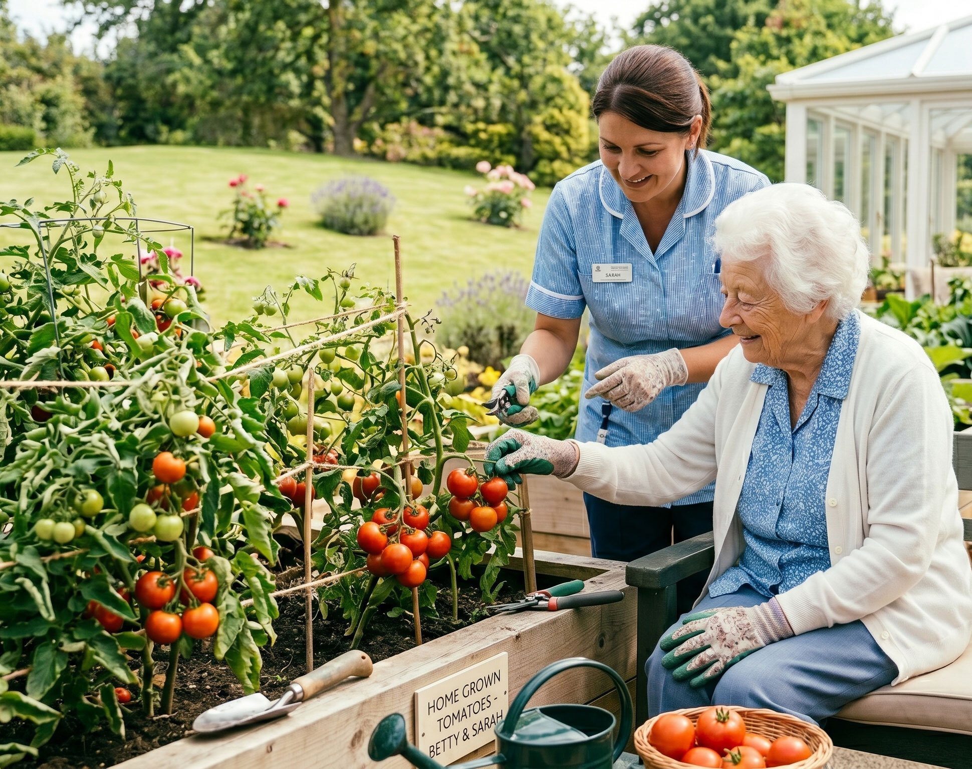 Carer picking tomatos with an elderly lady in Clacton-on-Sea care home