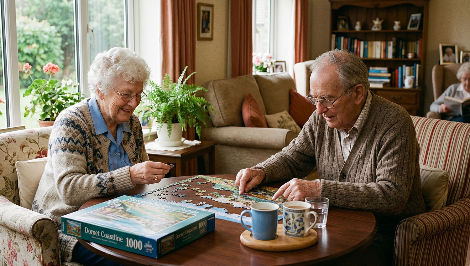 couple all cosy on arm chairs completing a puzzel together