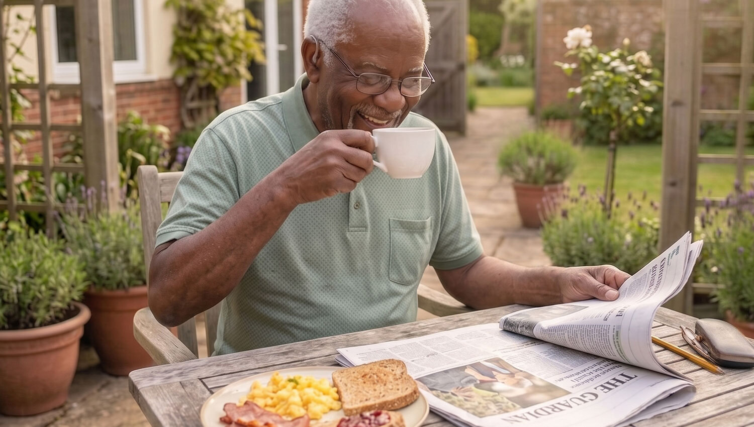 man laughing whilst drinking tea and reading newspaper