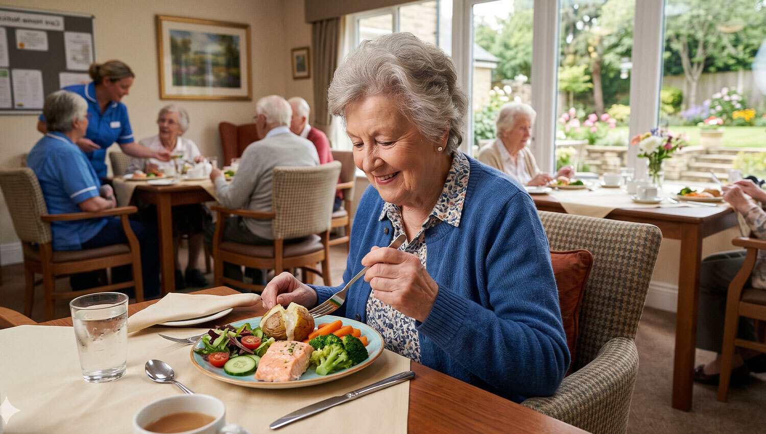 eldery lady enjoying her dinner at a table with a cup of tea